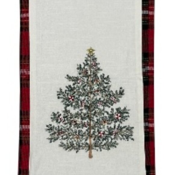Shabby Chic 2 Piece Christmas Table Runner Embroidered Tree Tartan Plaid NWT - Picture 7 of 12